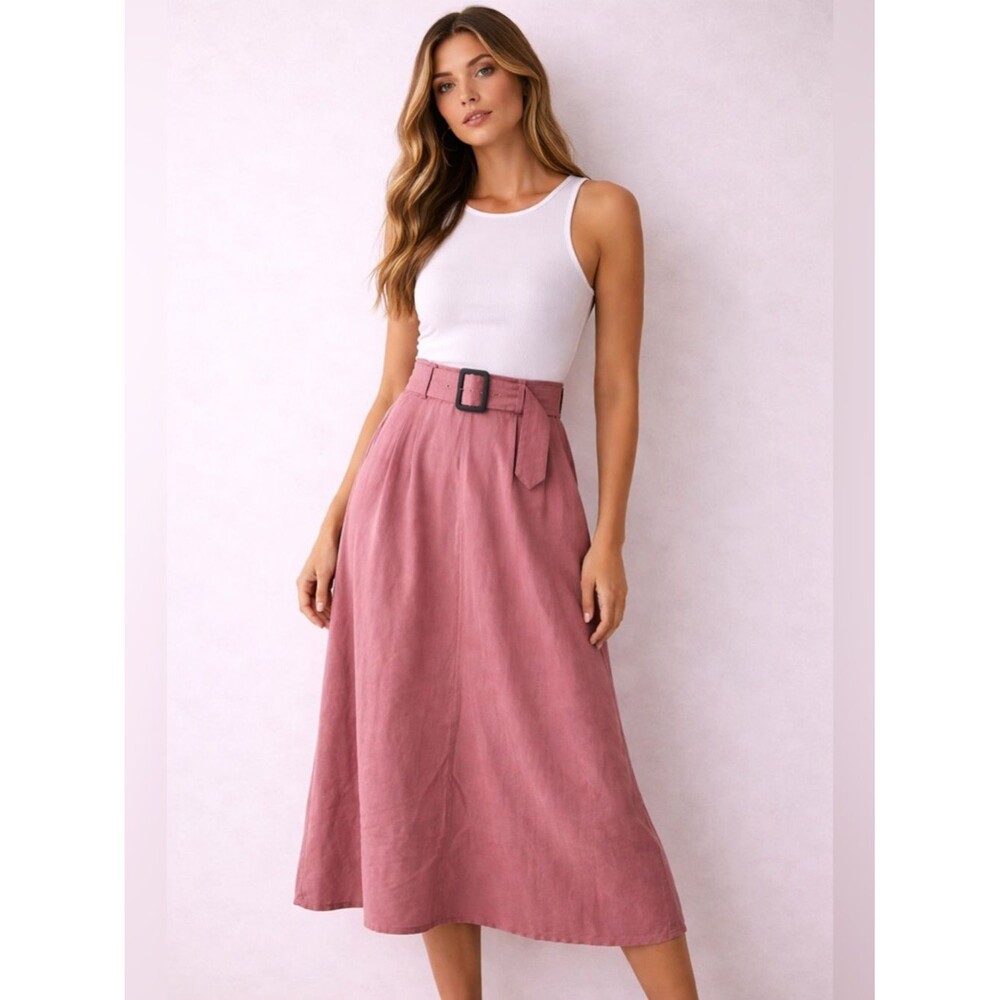 Dusty Rose Midi Skirt Belted High Waist Flowy Minimal Chic